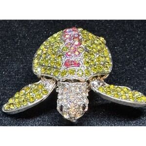 Vintage Sea Turtle Rhinestone Brooch Green Pink Crystal Figural Animal Jewelry